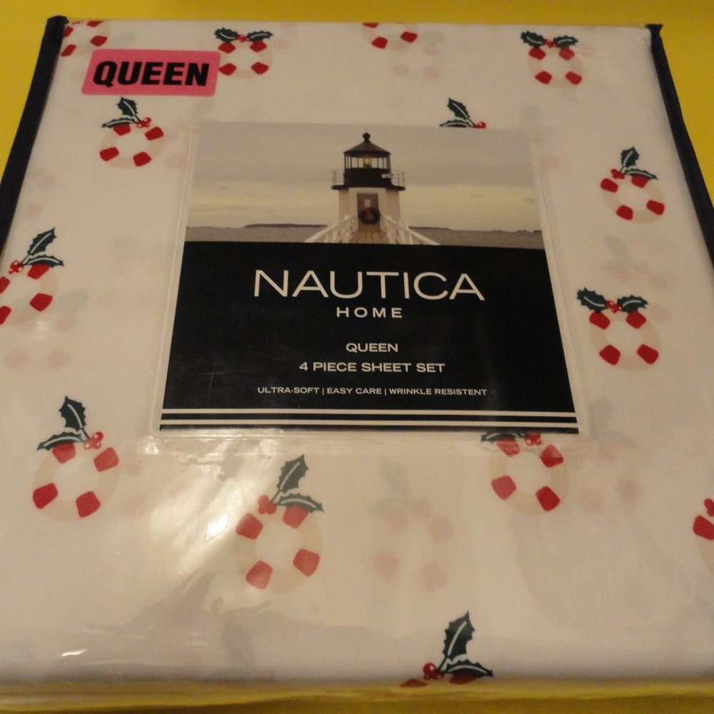 NAUTICA Queen Sheet Set, NEW 4-PC, Lifesavers, Polyester, White Red Green, H158